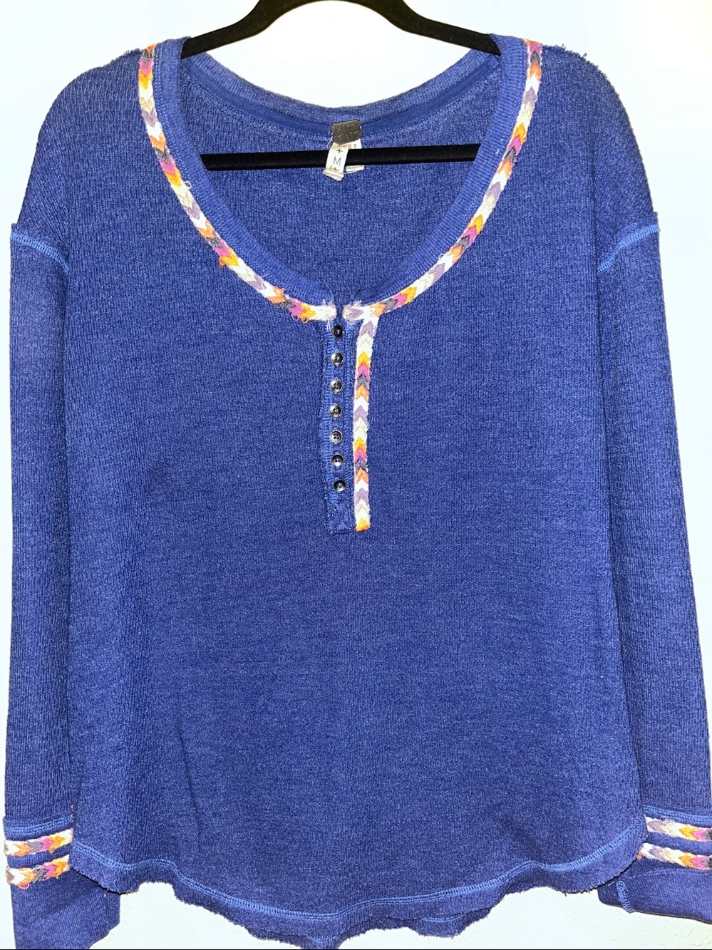 We The Free Blue Long Sleeve Knit Top with Multicolor Trim 
Sz M